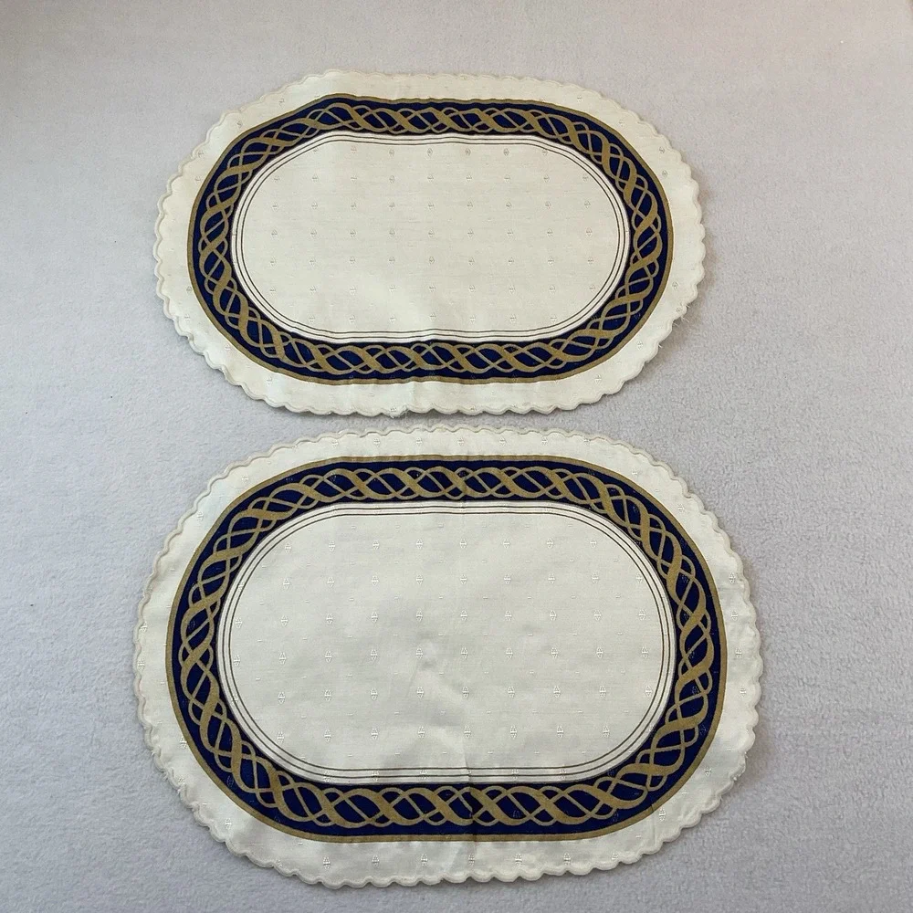 Lenox Hamilton Oval Placemats Cloth Set Of 2 Ivory Gold Navy Blue Vintage Lot #5